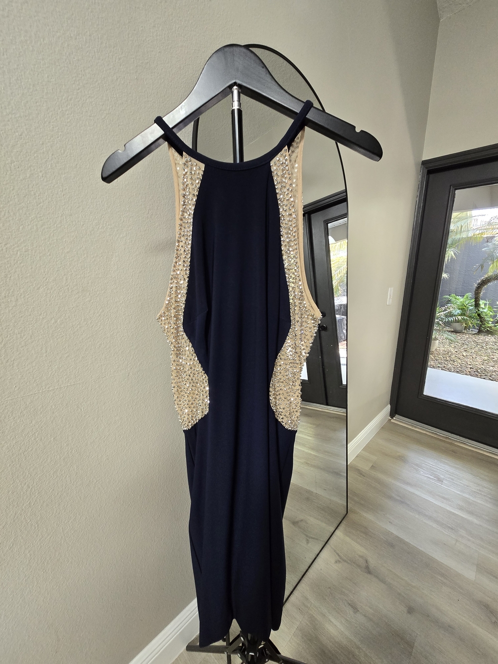 Xscape Navy Dress with Gold Beaded Accents